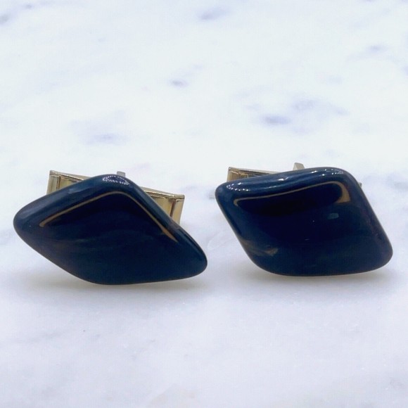 Unknown Gemstone Stone Accent Translucent Black Gold Mens Whale Back Cufflinks - Picture 3 of 8